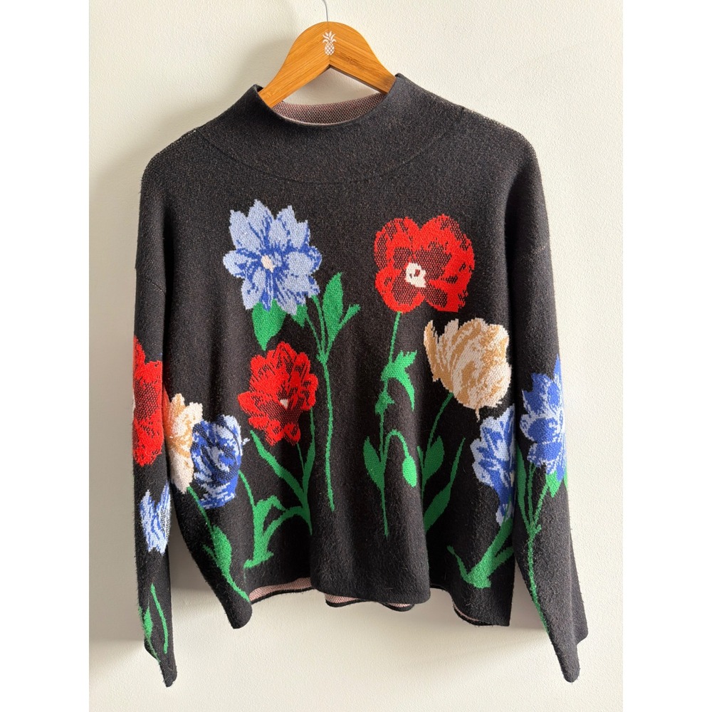 Maeve Womens Floral Mock Neck Sweater S Black Cottagecore Boho Preppy